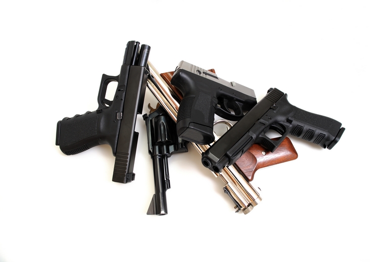 Black guns, Pistols and revolver isolated on a white background.